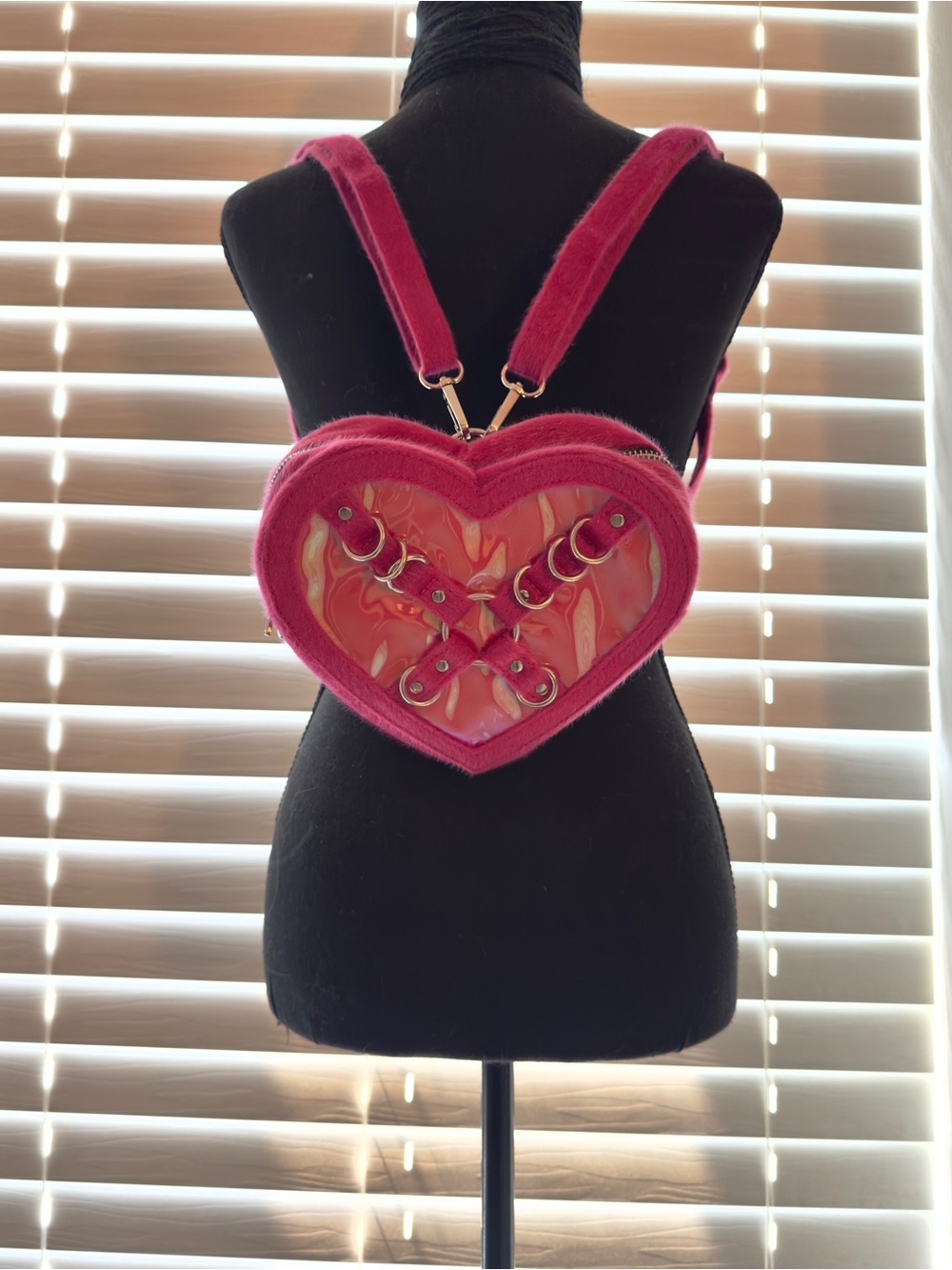 Heart-Shaped Pink Holographic Backpack - Plush Fluffy Strap Design